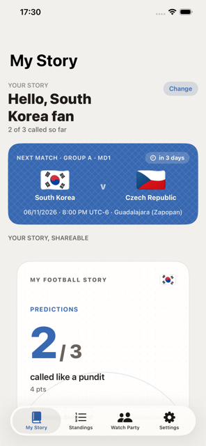 My Football Story app showing a fan's tournament home screen with next match and a shareable story card