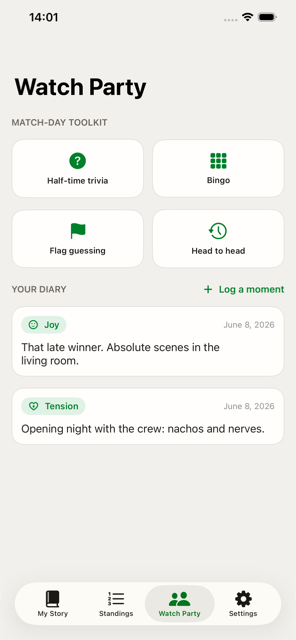 The watch-party toolkit with trivia, bingo, flag guessing and a diary